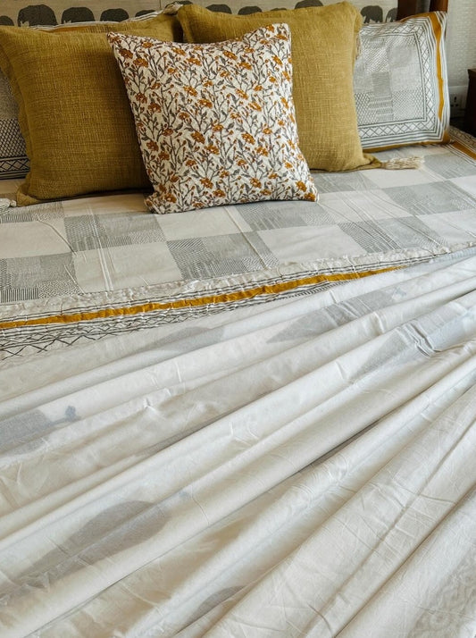 Grey Checkered Handblock Printed Bedsheet