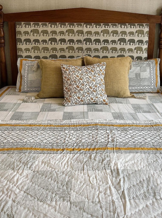 Grey Checkered Handblock Printed Bedding Set