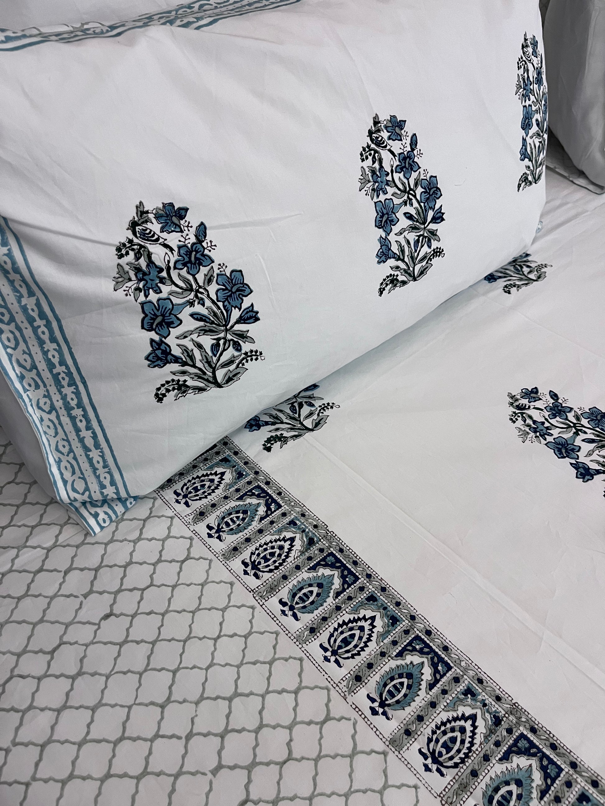 Blue Daffodil Handblock Printed Bedsheet