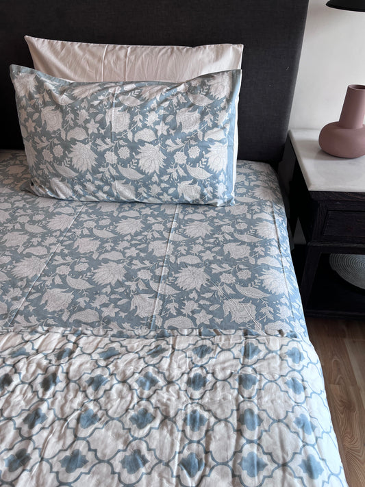 Columbia Blue Handblock Printed Bedsheet