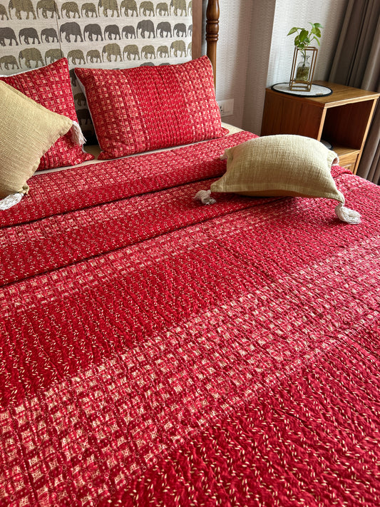 Red Ajrakh Cotton Quilted Bedspread Set