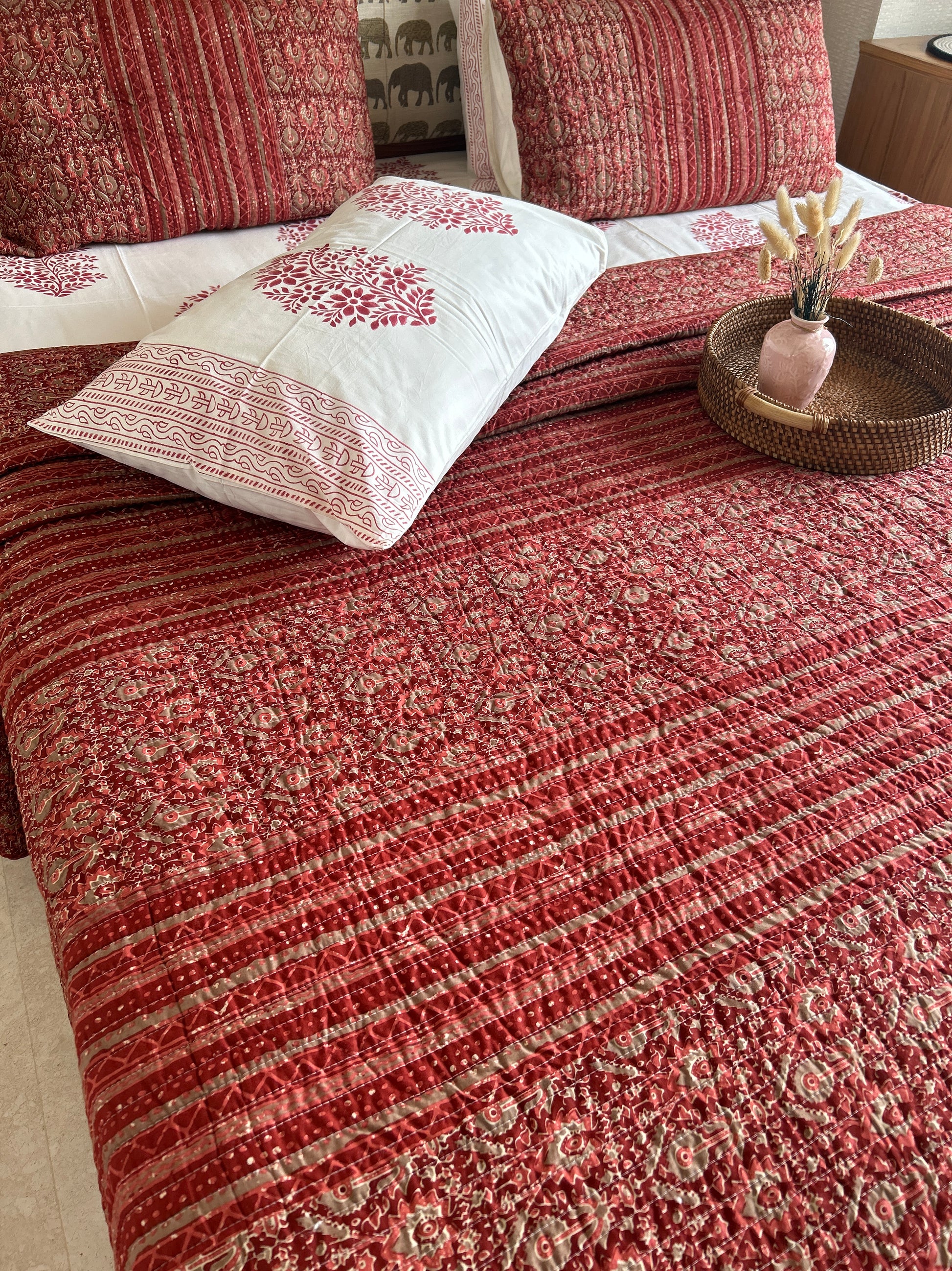 Maroon Ajrakh Cotton Quilted Bedspread