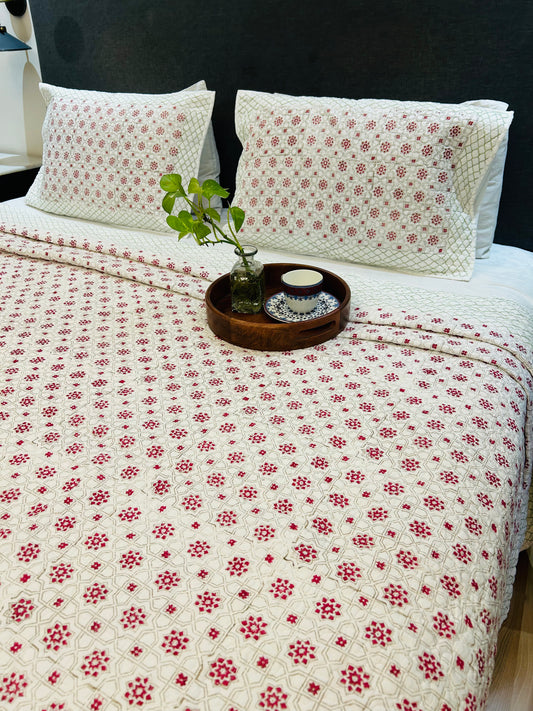 Red Motifs Cotton Quilted Bedspread