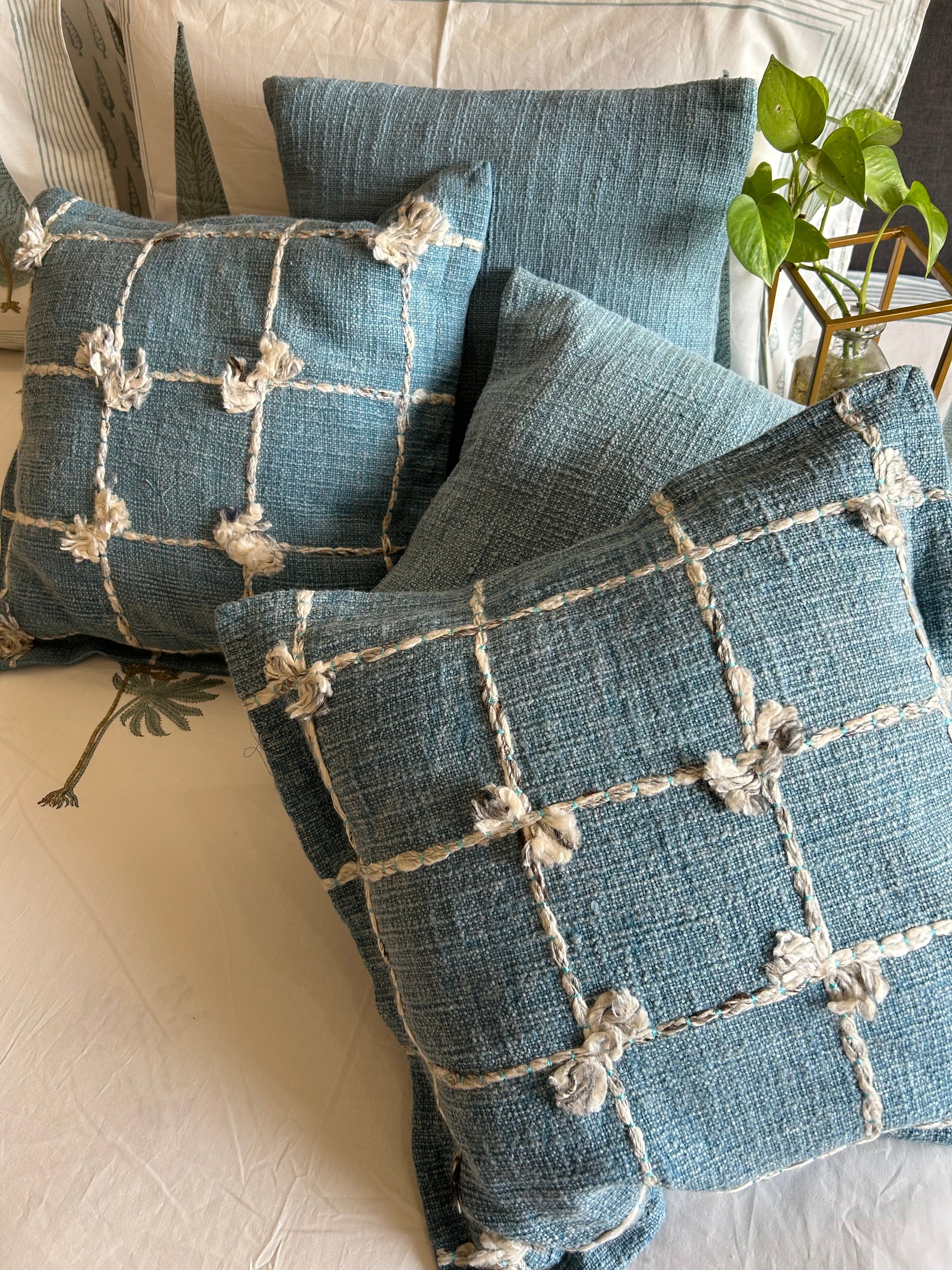 Hand Knotted and Sky Blue Cushion Cover Set