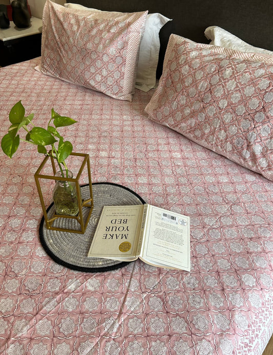 Pink Gulab Handblock Printed Bedsheet