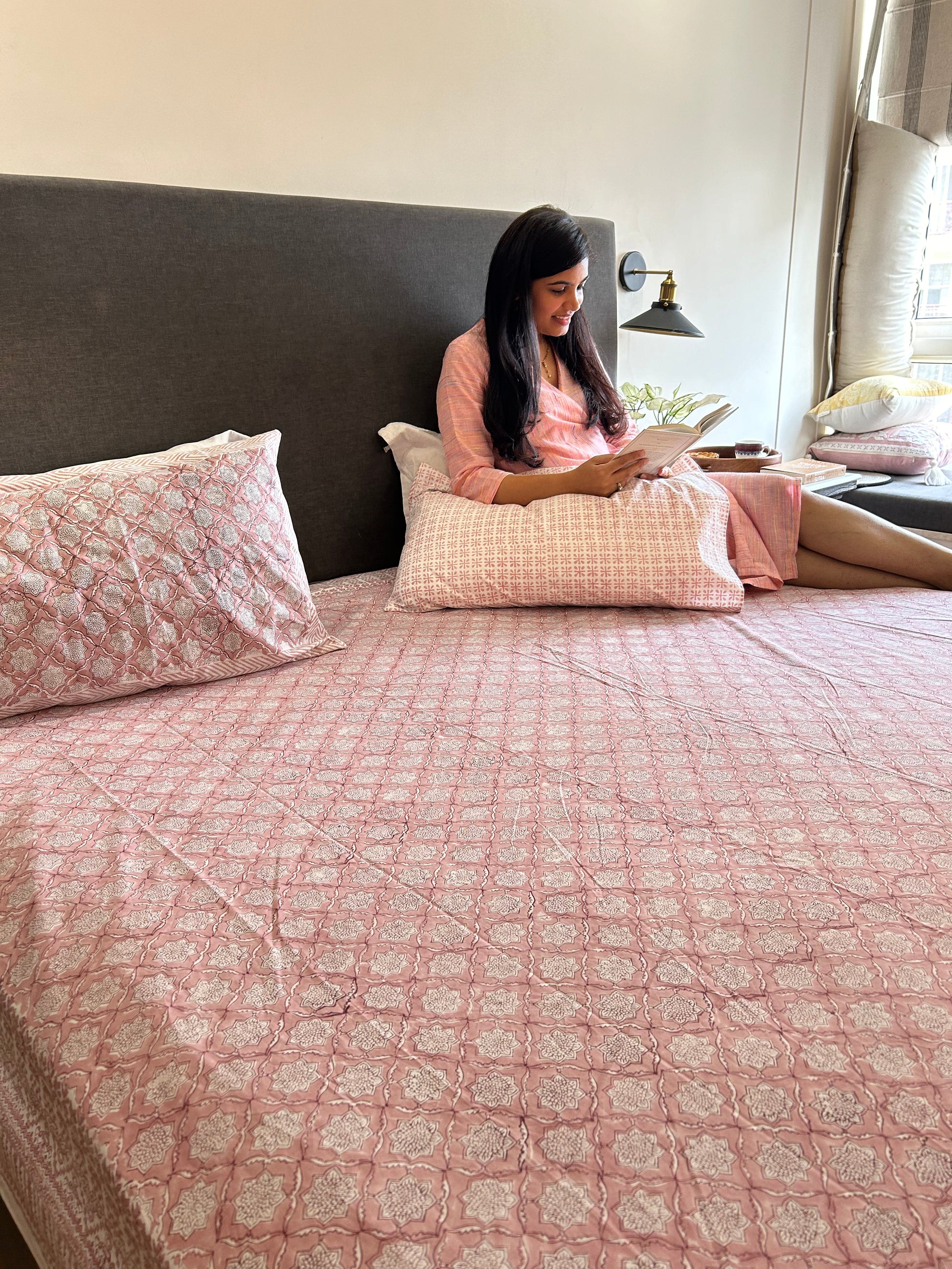 Pink Gulab Handblock Printed Bedsheet