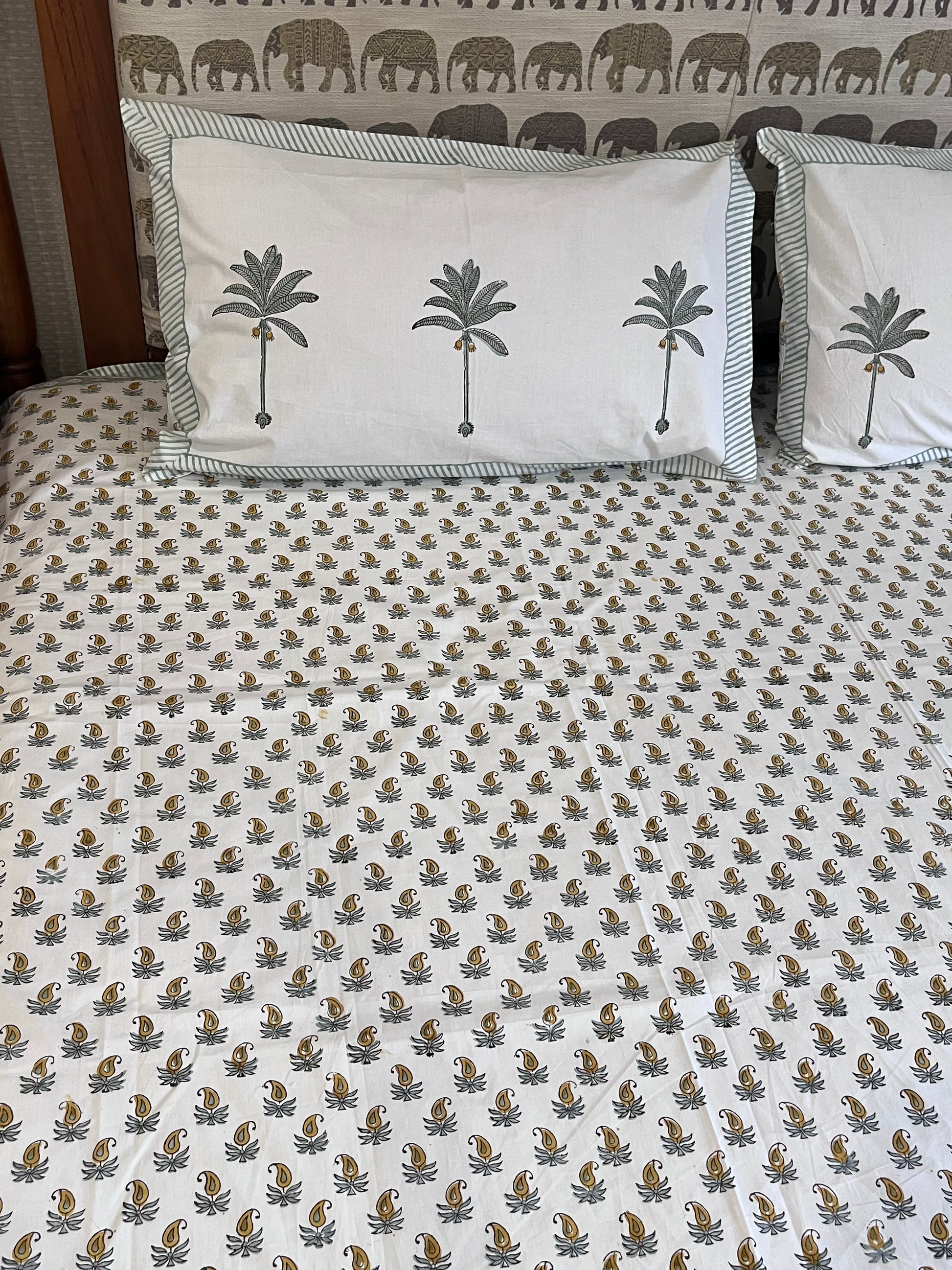 Yellow Leaf Motif Handblock Printed Bedsheet