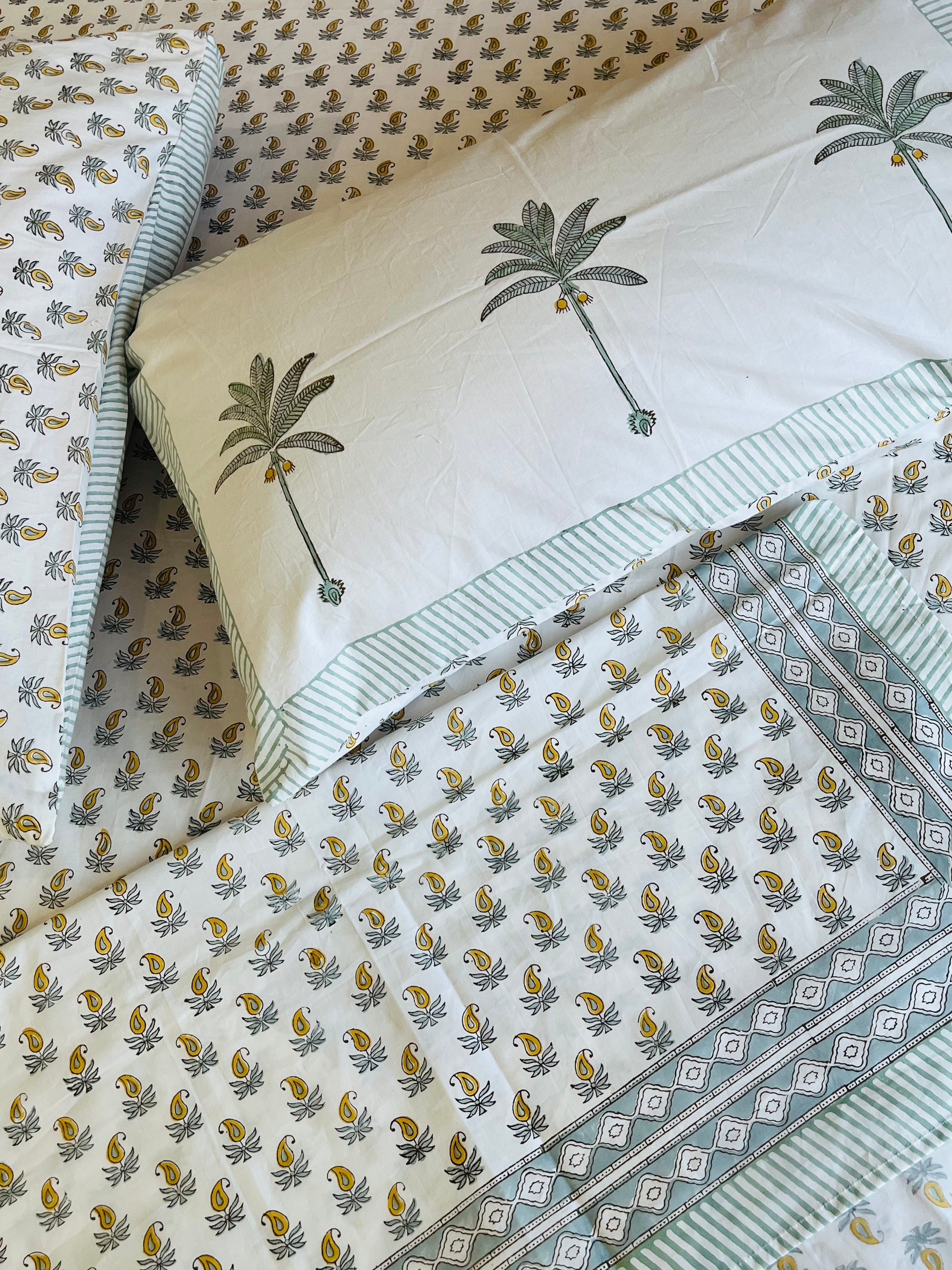 Yellow Leaf Motif Handblock Printed Bedsheet