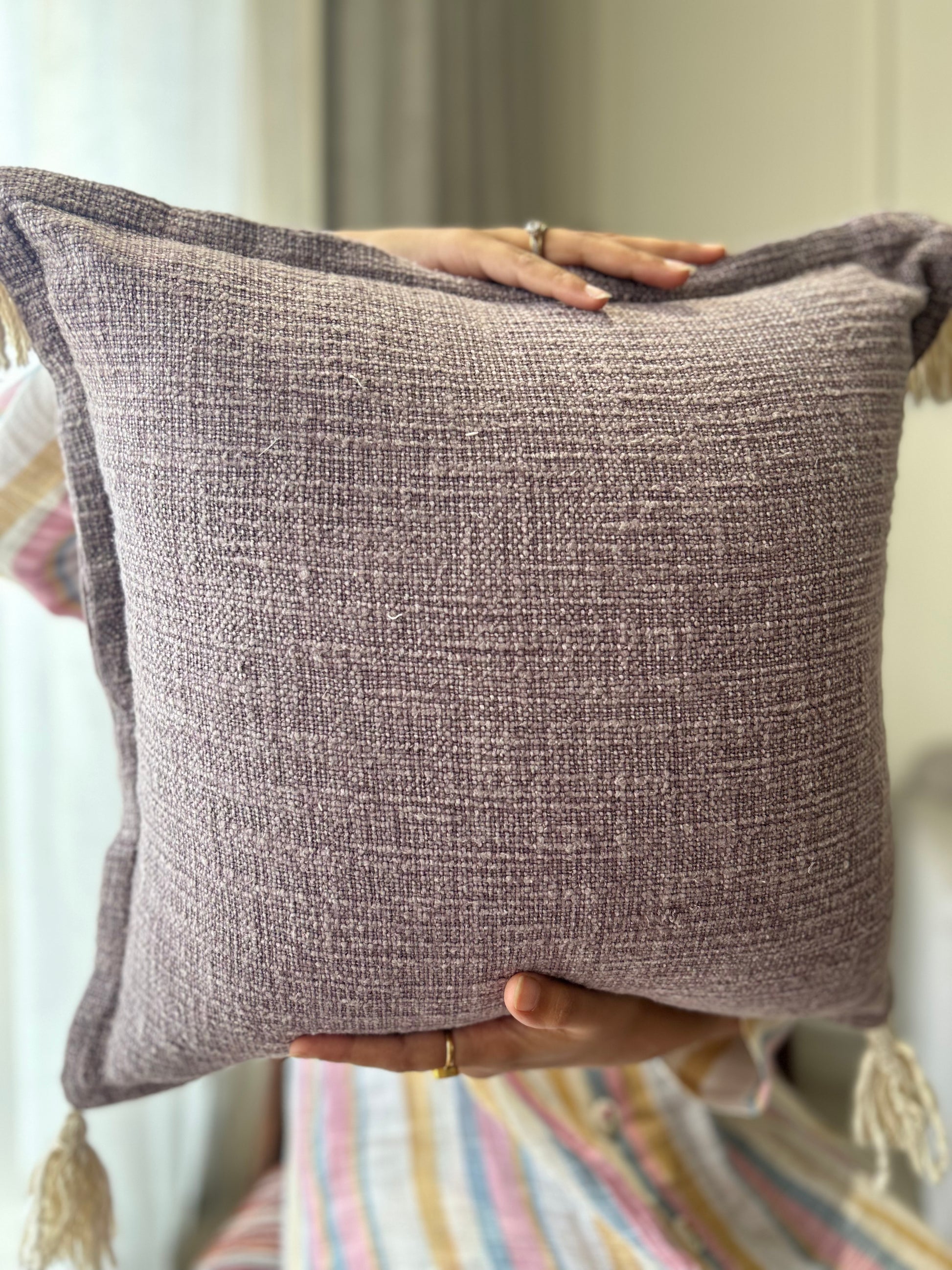 Lilac Handwoven Cushion Cover with Tassels