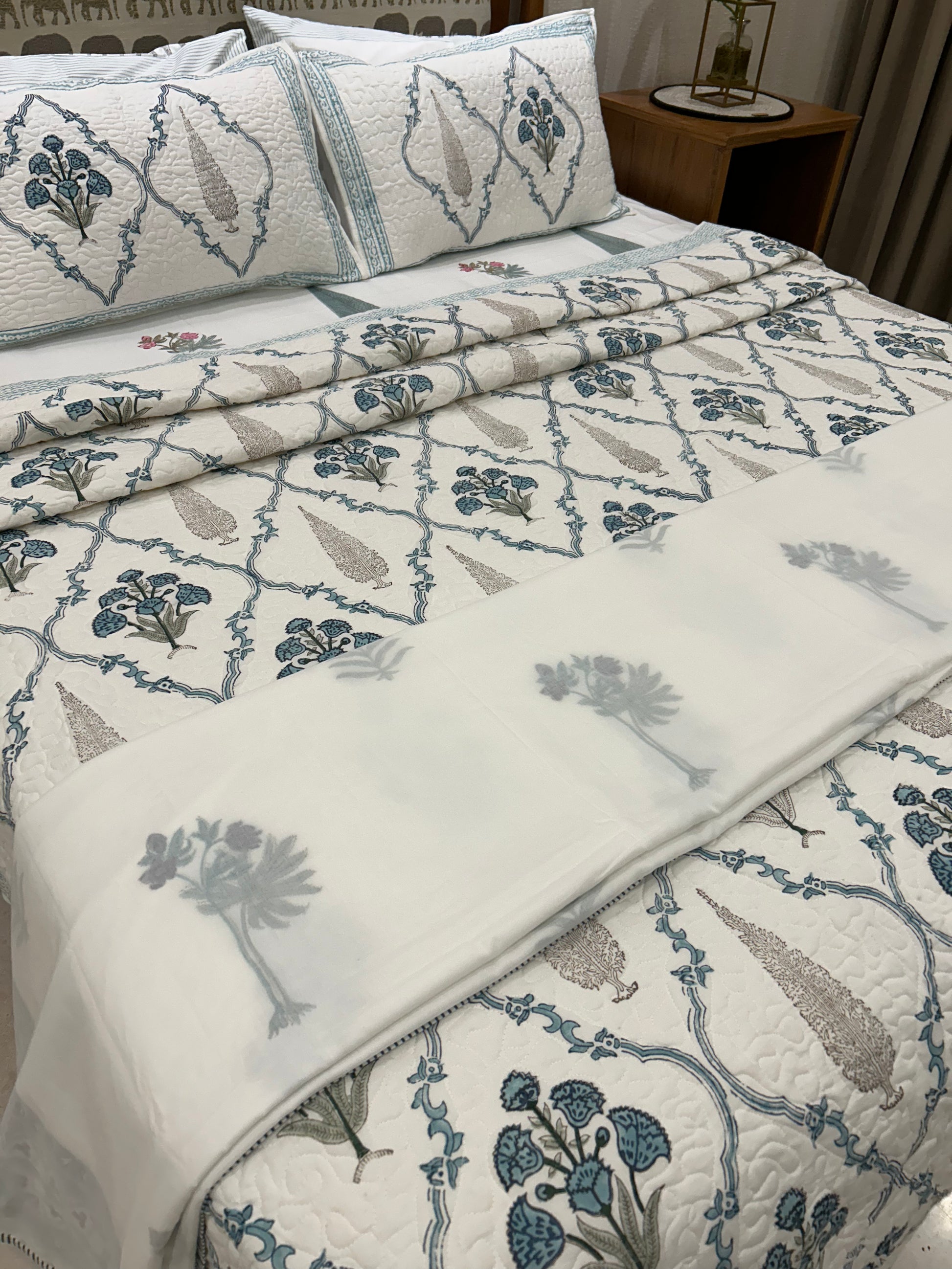 Blue Floral Cypress Cotton Quilted Bedding Set