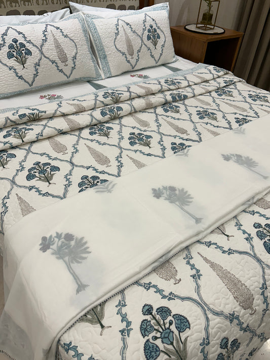 Blue Floral Cypress Cotton Quilted Bedspread