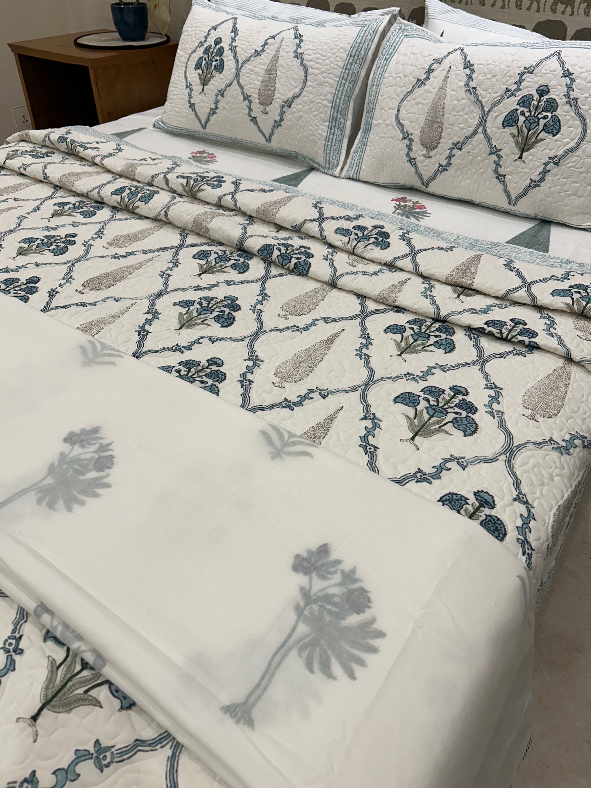 Blue Floral Cypress Cotton Quilted Bedspread