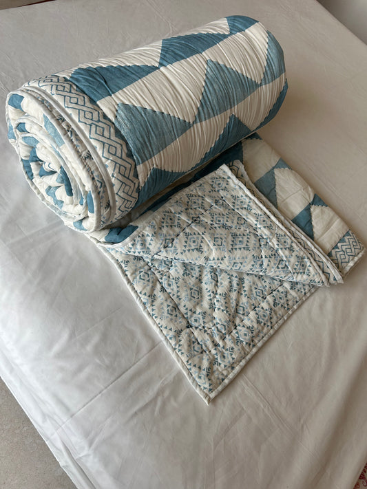 Iceblue patterned reversible cotton Quilt