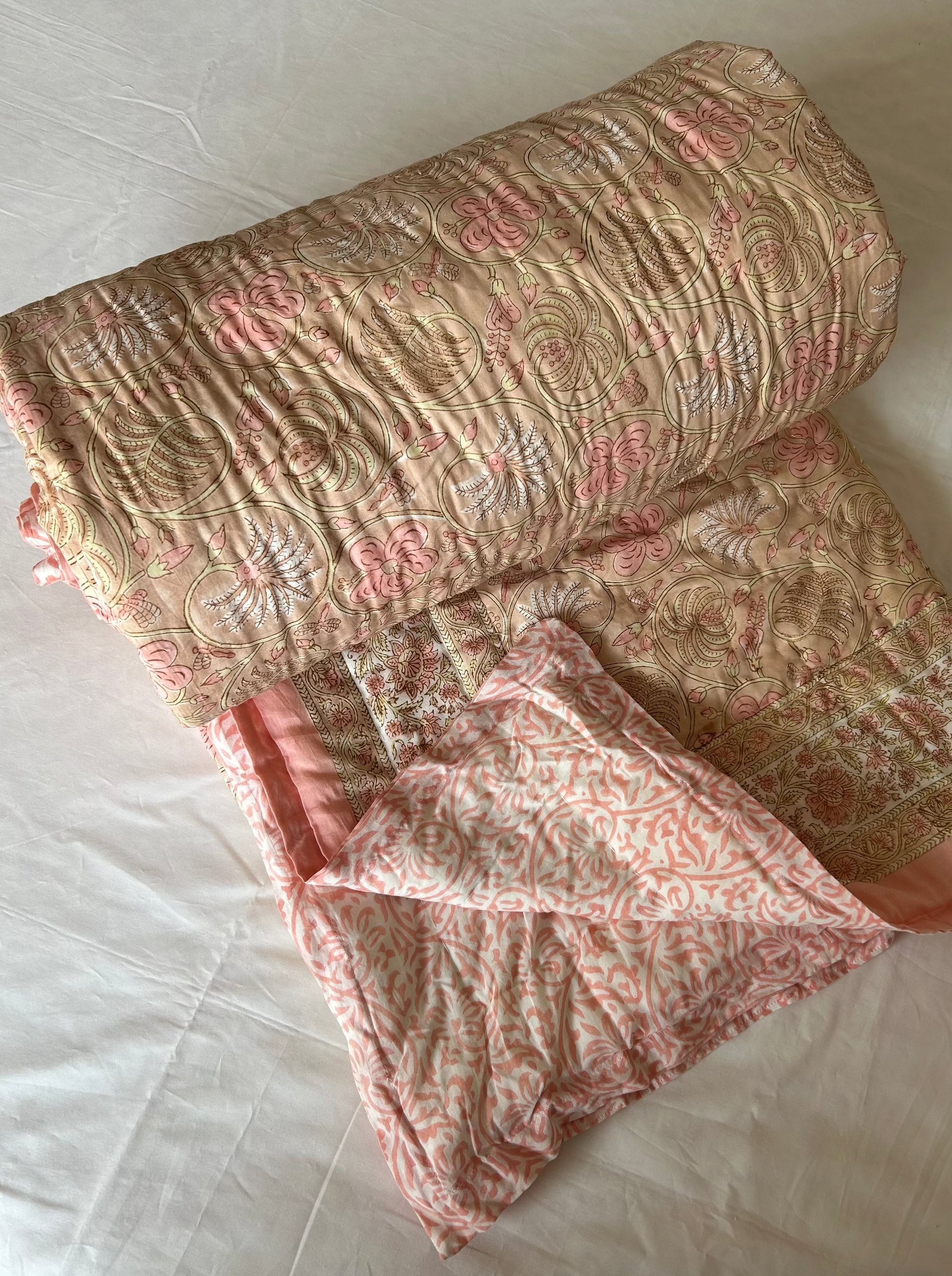 Peach Floral reversible cotton quilt