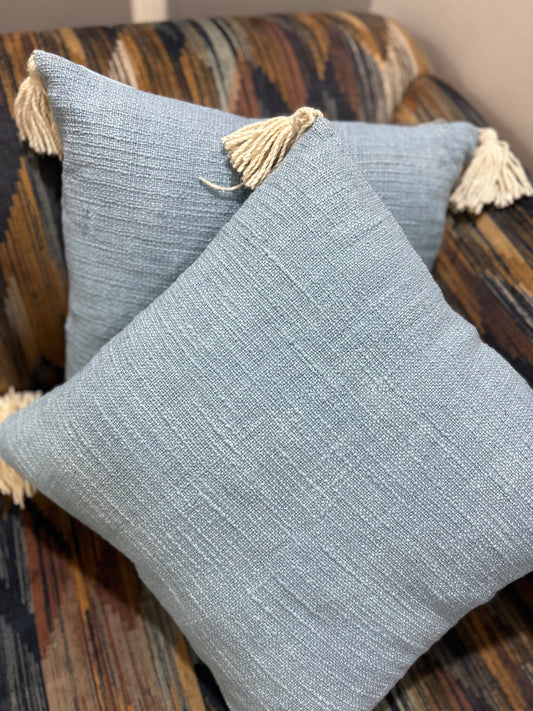 Sky Blue Handwoven Cushion Cover with Tassels