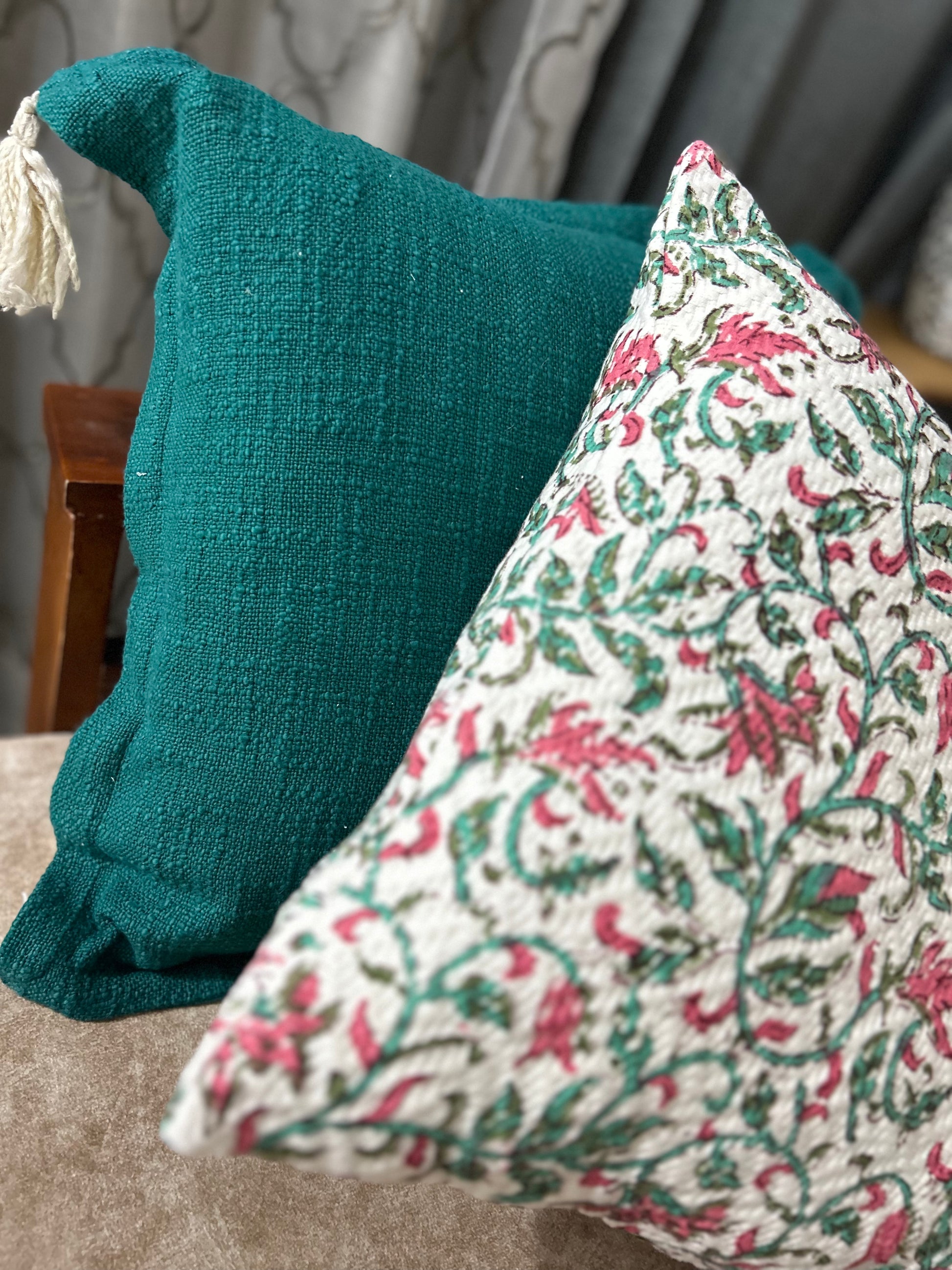 Teal Blue Handwoven Cushion Cover with Tassels