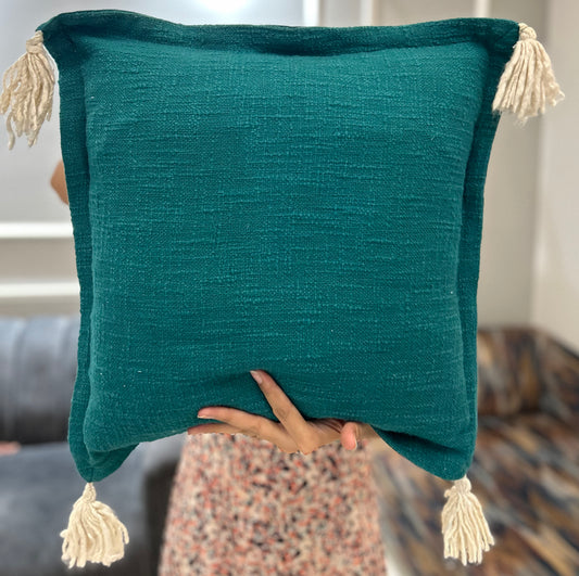 Teal Blue Handwoven Cushion Cover with Tassels