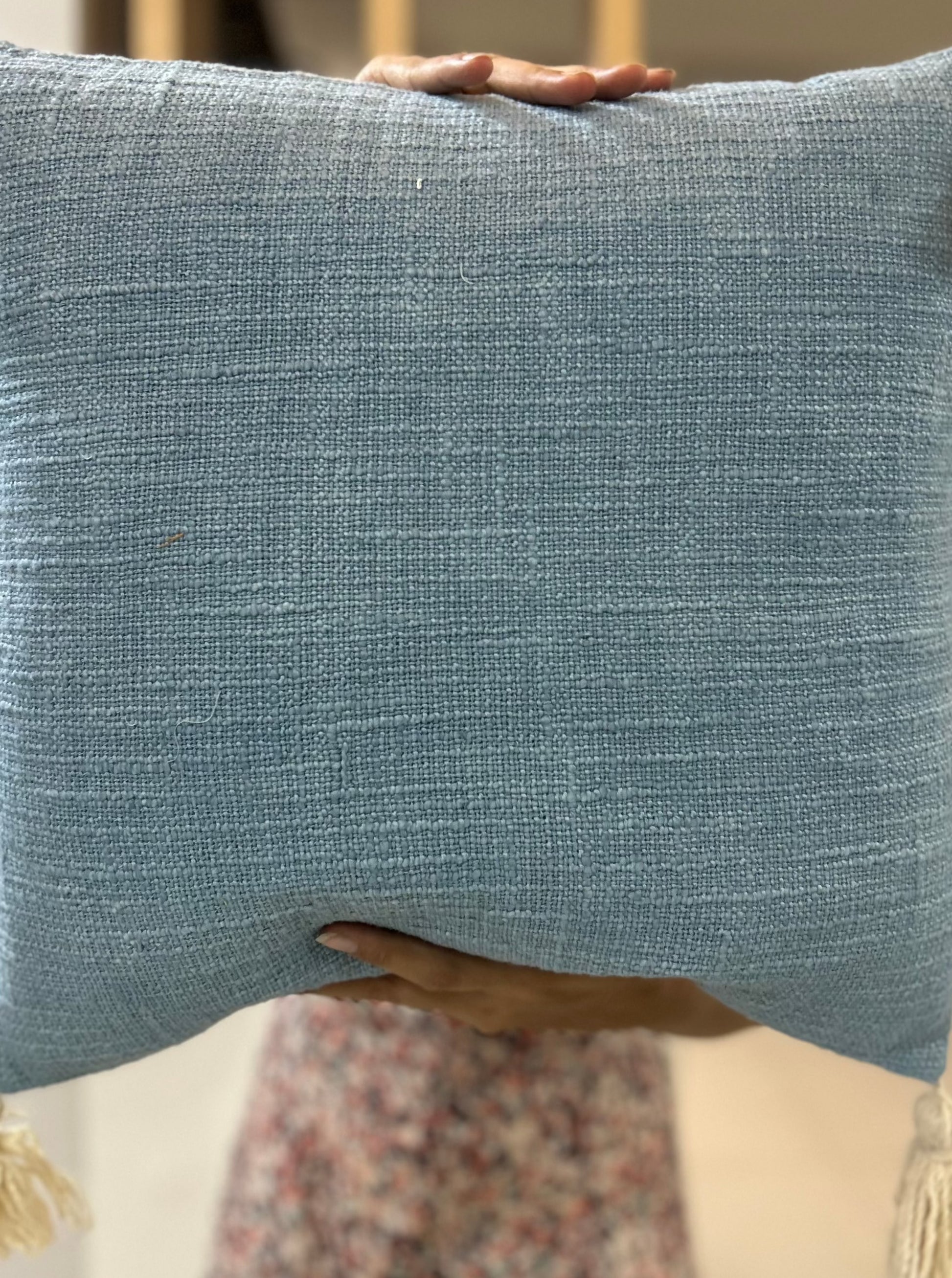 Sky Blue Handwoven Cushion Cover with Tassels