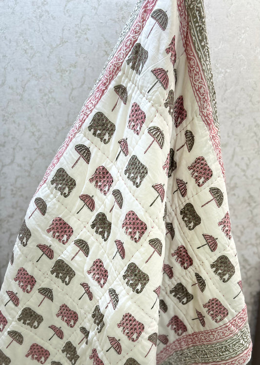 Baby Elephant Umbrella Hand Block Printed Cotton Baby Quilt