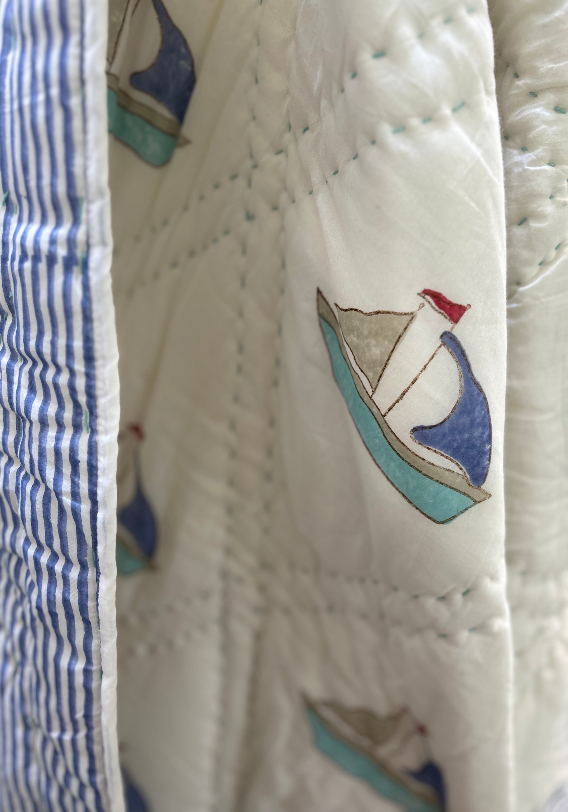 Sailing Ship Hand Block Printed Cotton Baby Quilt