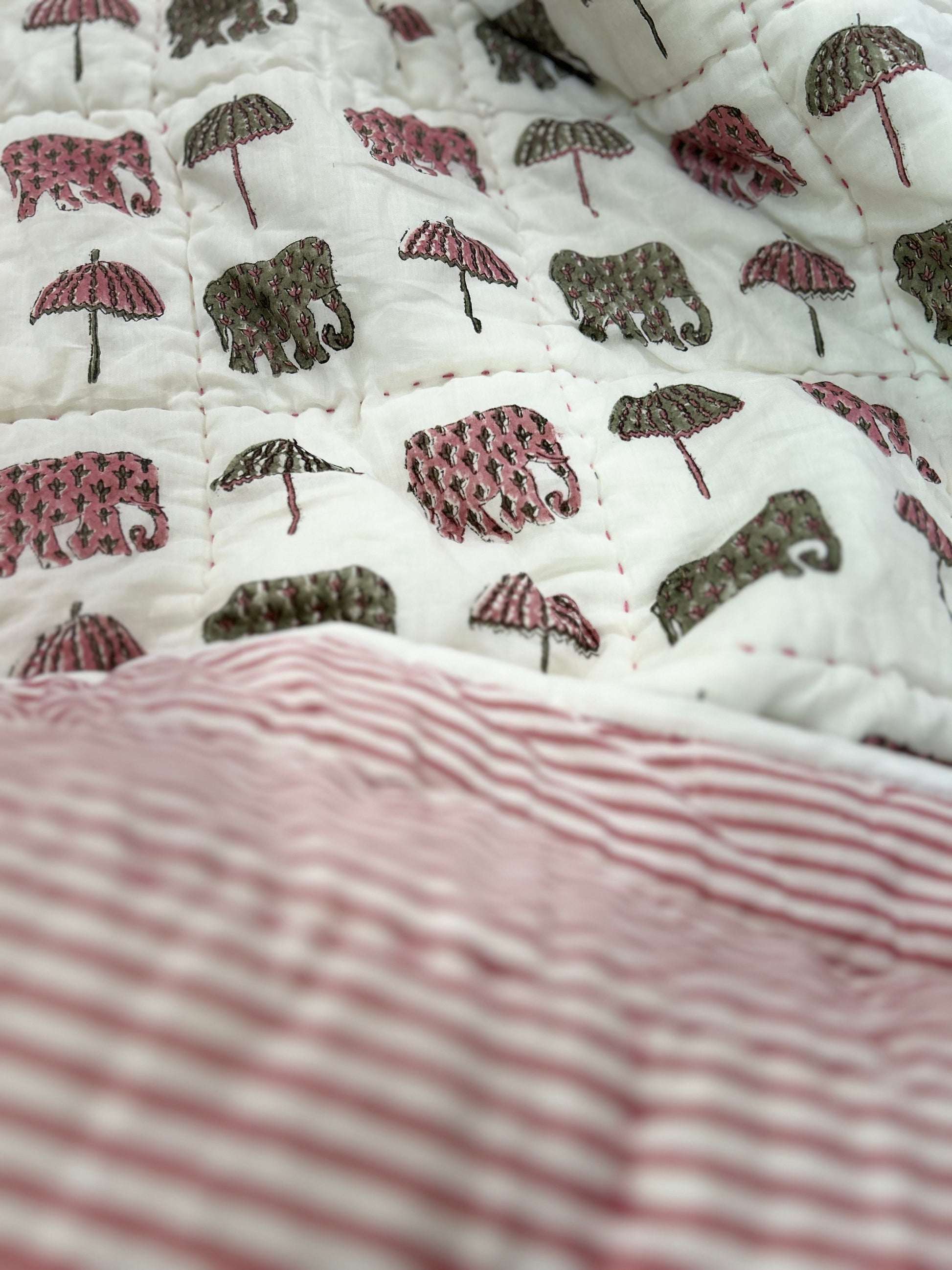 Baby Elephant Umbrella Hand Block Printed Cotton Baby Quilt