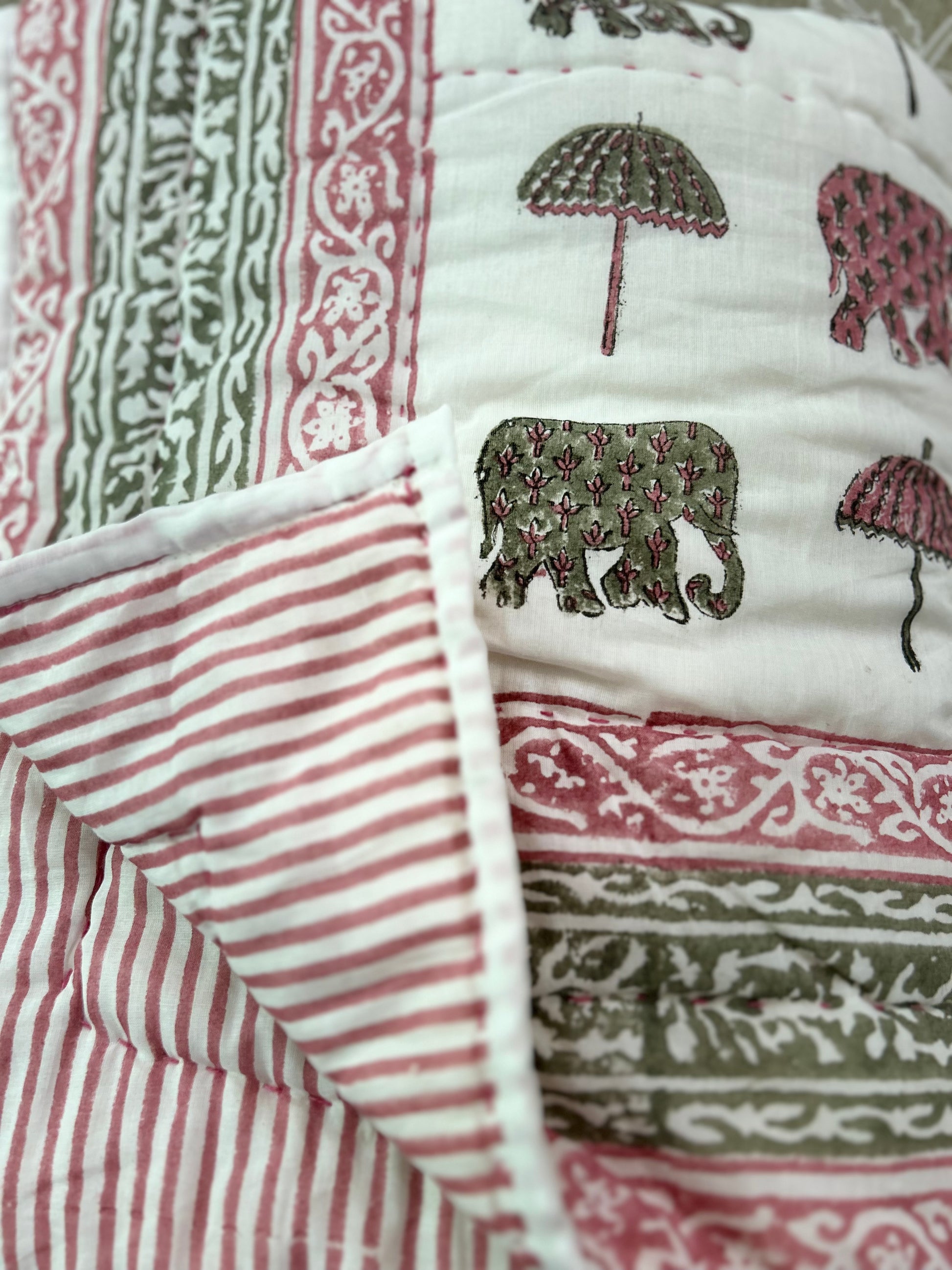 Baby Elephant Umbrella Hand Block Printed Cotton Baby Quilt