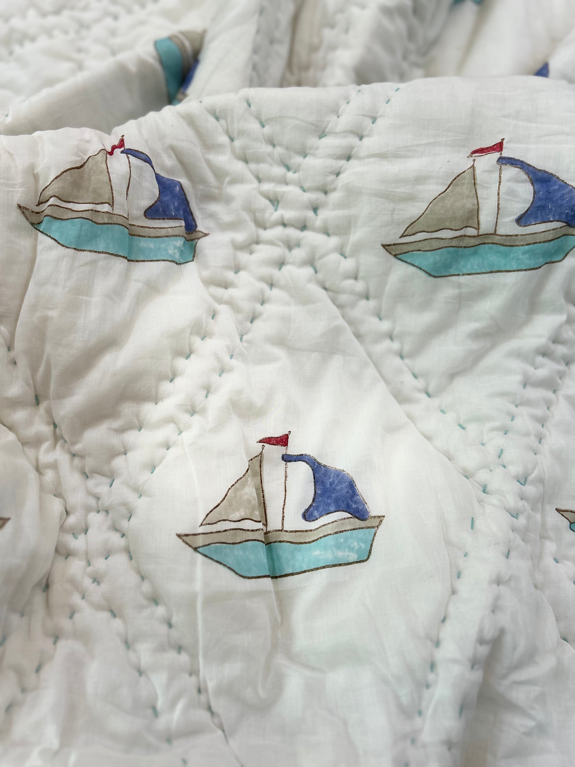 Sailing Ship Hand Block Printed Cotton Baby Quilt