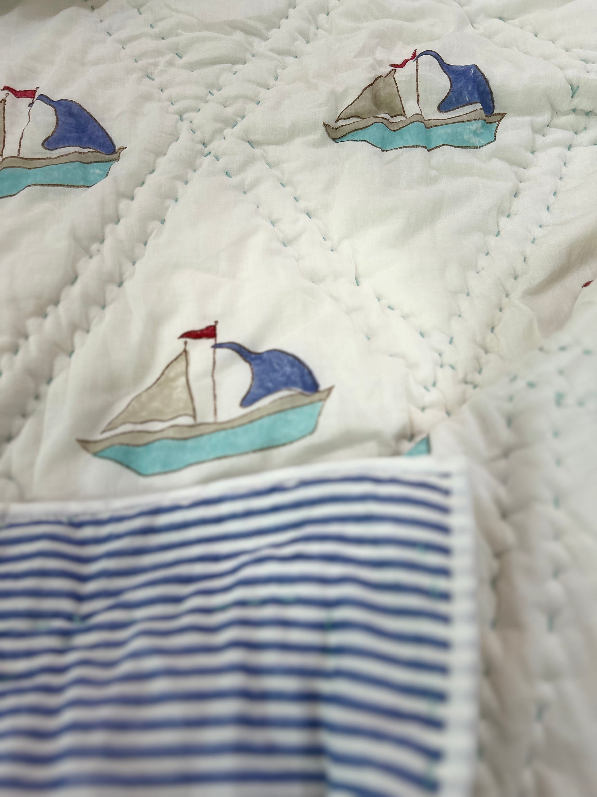 Sailing Ship Hand Block Printed Cotton Baby Quilt