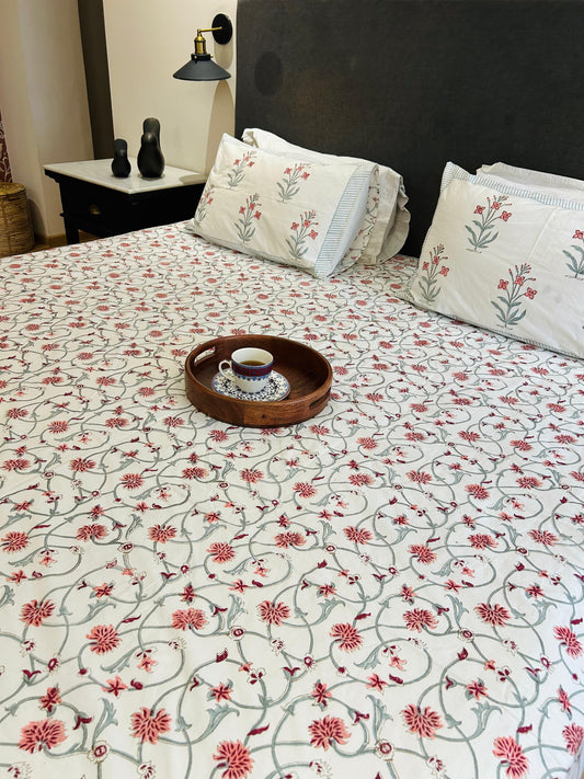 Red Jaal Handblock Printed Bedsheet