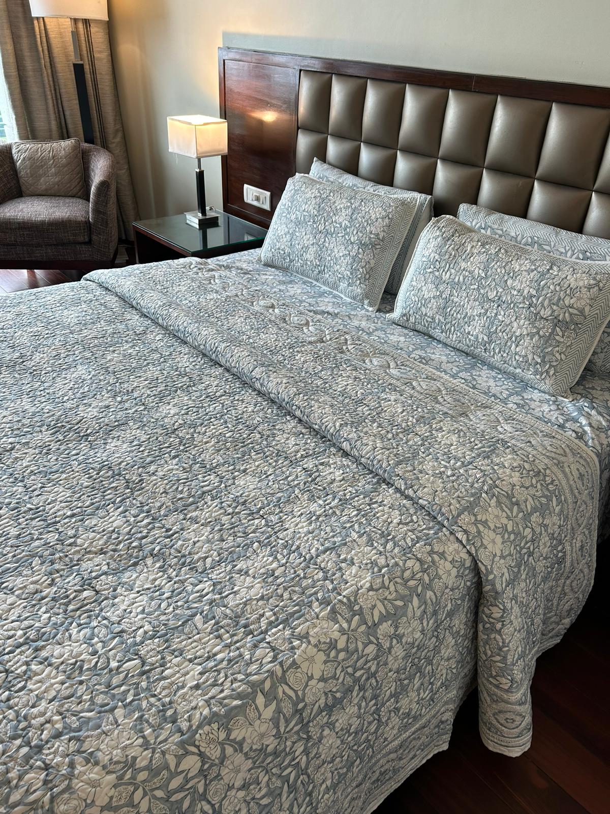 Columbia Blue Handblock Printed Bedspread